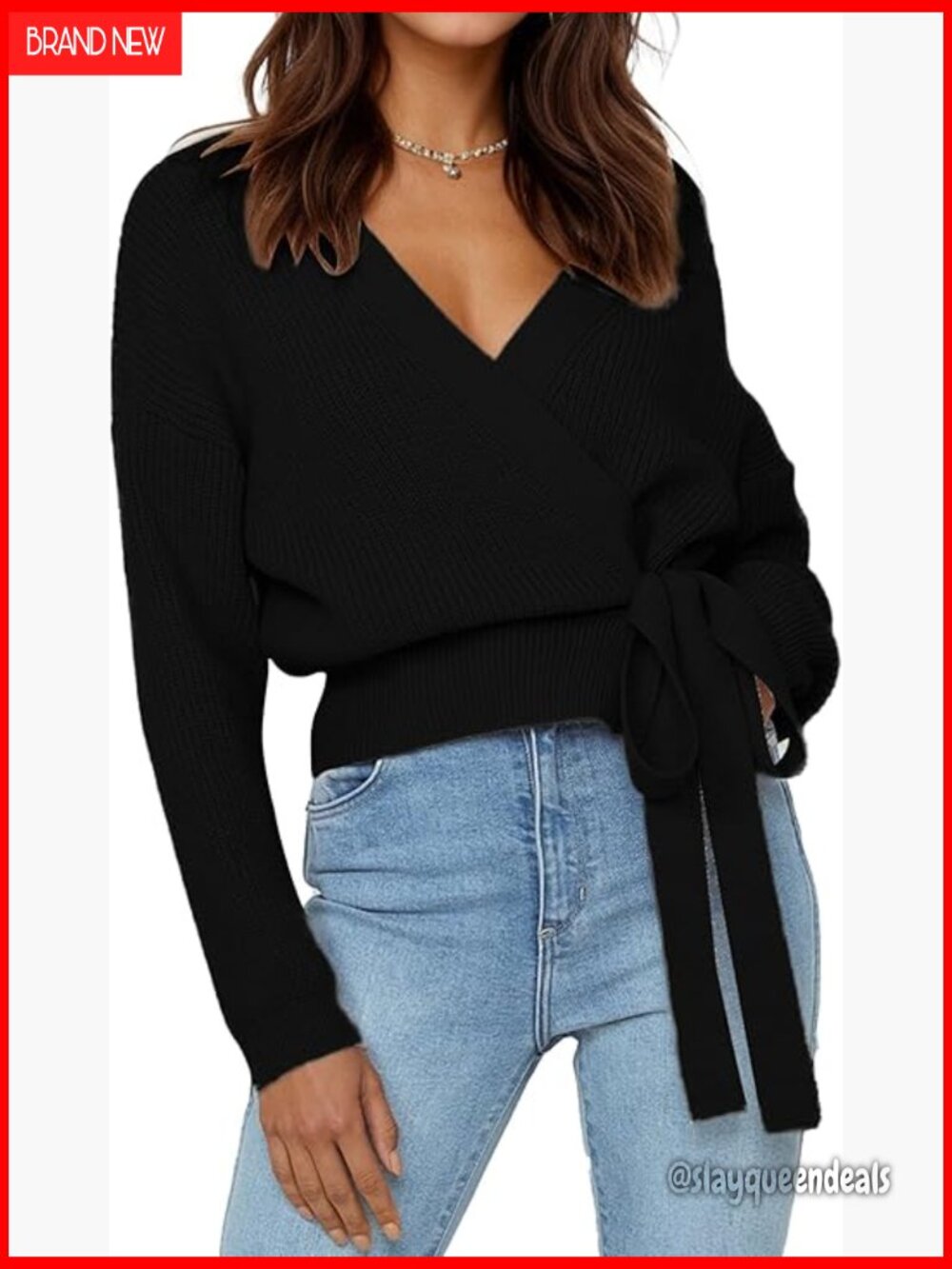Wrap V Neck Ribbed Knit Tie Waist Cropped Jumper Pullover Top